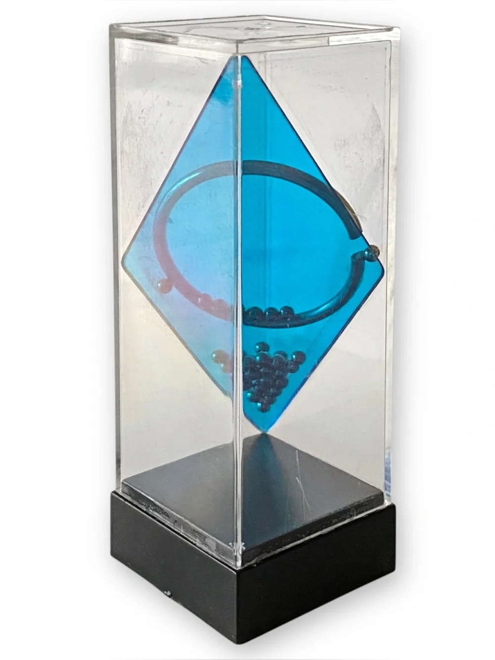 Vintage 1970s Acrylic Blue Diamond Tower Dexterity Kinetic Ball Ring Puzzle Game